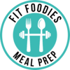 A white graphic knife and fork are standing next to each other inside a blue circle with a dumbbell placed horizontally across them. Another circle borders that with the words Fit Foodies Meal Prep written in black writing in the circle.
