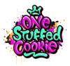 Graffiti writing is displaying the words One Stuffed Cookie in pink and blue