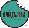 A round blue circle is shaped like a cookie that has a piece bitten out of it, with the words The Urban Cookie in black writing inside the cookie shape.