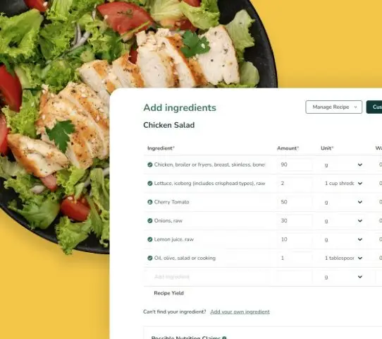 recipe showing ingredients and quantities of a chicken salad