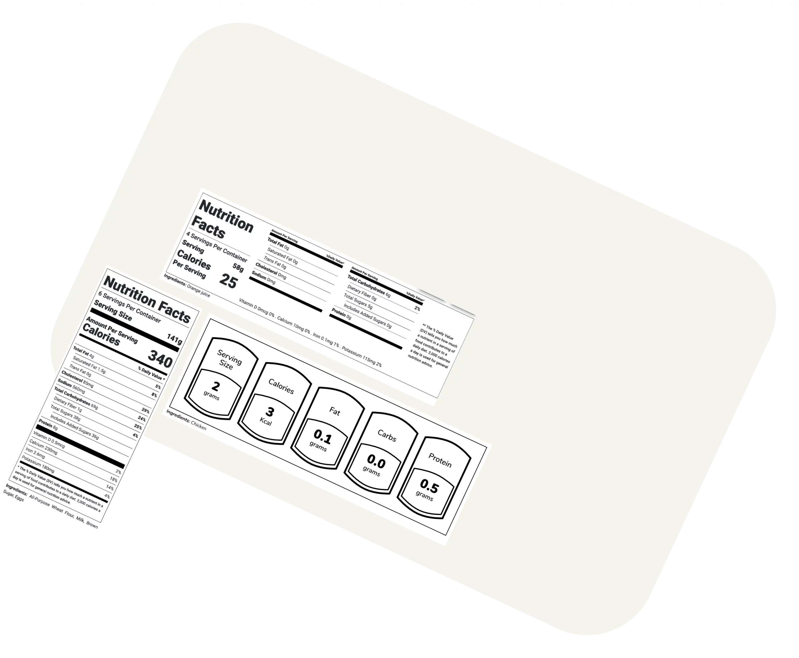 A cream rectangle with rounded edges is diagonally placed across a grey background. Two white labels are on the bottom left-hand side that have nutrition facts and information displayed across it. Another white rectangular label has nutrition amounts written on top of those.