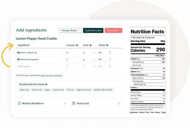 Food Label Maker user interface showing a label design with various customizable fields for product name, serving size, ingredients, and nutrition facts.