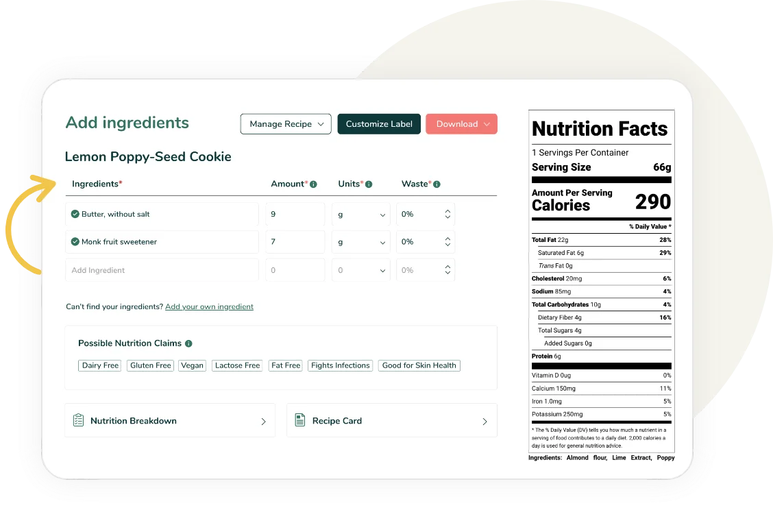 Food Label Maker user interface showing a label design with various customizable fields for product name, serving size, ingredients, and nutrition facts.