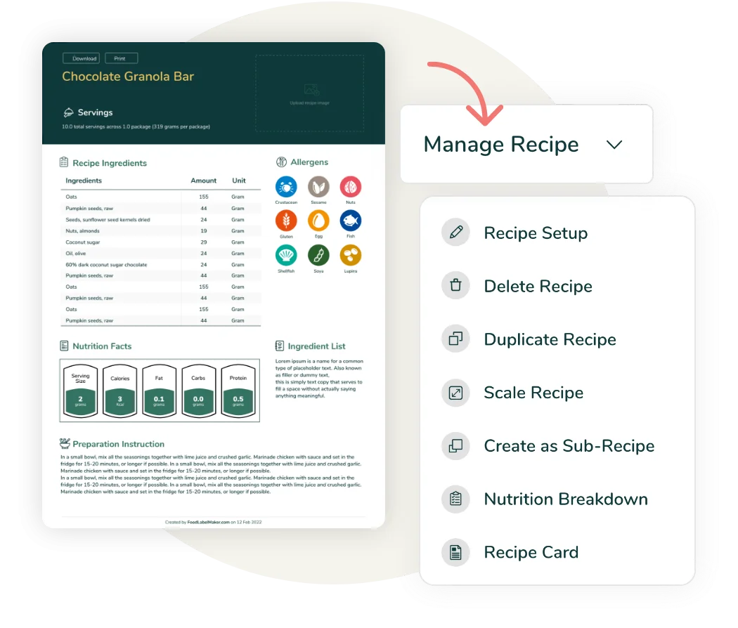 A long green and white label with product information is on the left-hand side, with a pink arrow pointing to a white block with "Manage Recipe" written in the middle, and a number of steps with symbols on a list is below that on a white background.