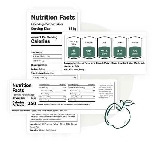 different formats of nutrition facts labels displayed on top of a grey circle