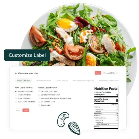A nutrition facts label customization panel is displayed on top of a round plate of salad. with a graphic drawing of an avocado and a leaf extending from the plate.