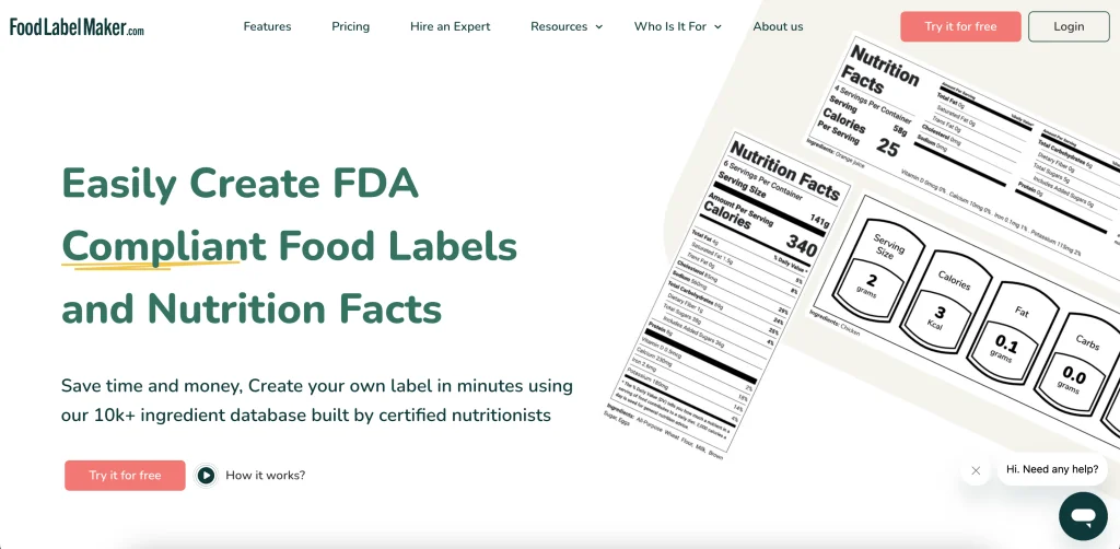 Snapshot showing the home page of Food Label Maker