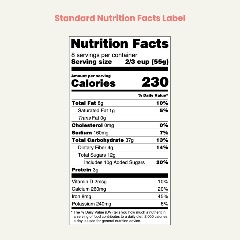 Standard Nutrition Facts Label detailing serving size, calories, fats, and essential vitamins and minerals.