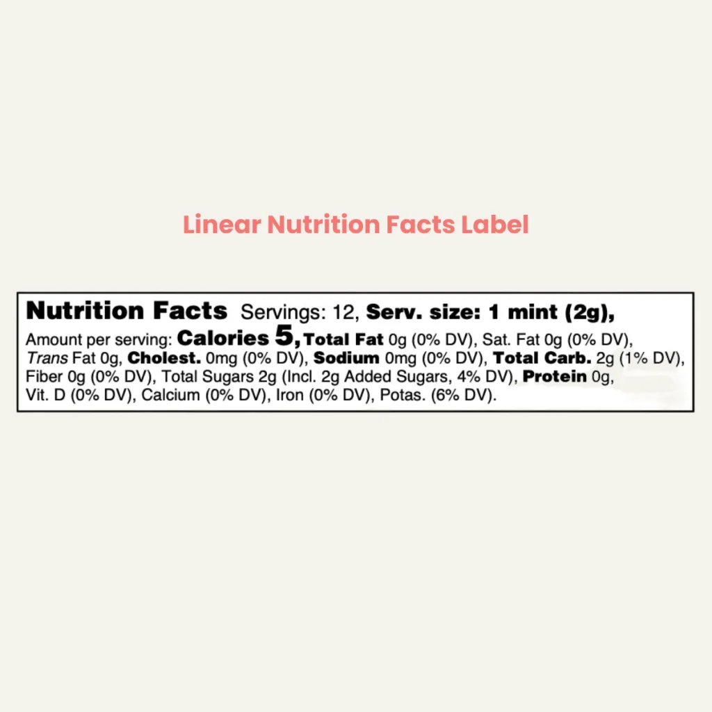Linear Nutrition Facts label with nutritional details listed in a single line.