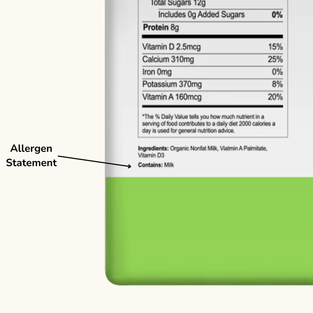 Graphic depicting a correctly labeled allergen statement on a food product.