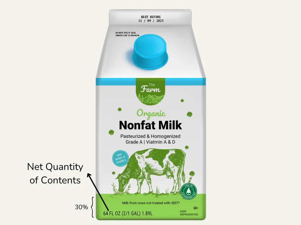 Graphic pointing to where the Net Quantity of Contents is on a milk bottle.