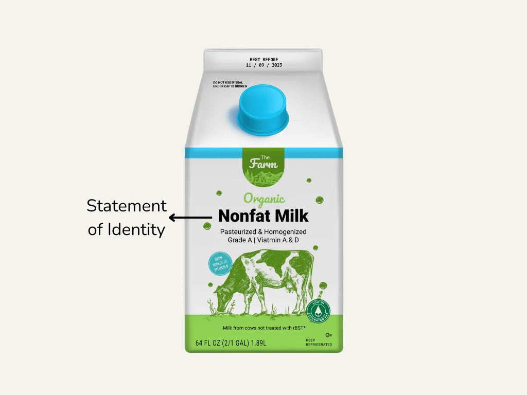 Graphic pointing to where the Statement of Identity is on a milk bottle.
