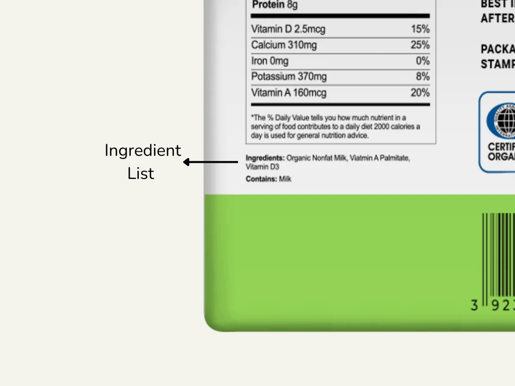 The ingredient statement closely pointed out on the side of a milk carton.