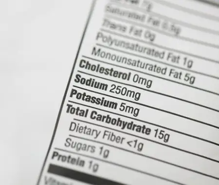 A nutrition facts label focusing on Cholesterol, Sodium, Potassium, and Total Carbohydrate amounts.