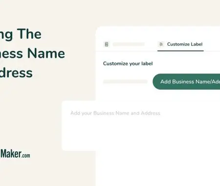 Food Label Maker label customization screen with Add Business Name/Address button and text input field