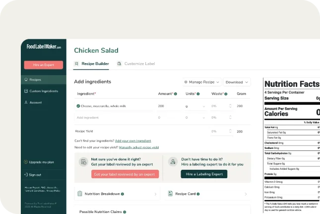 A screenshot of the Recipe Builder in Food Label Maker's recipe management tool.