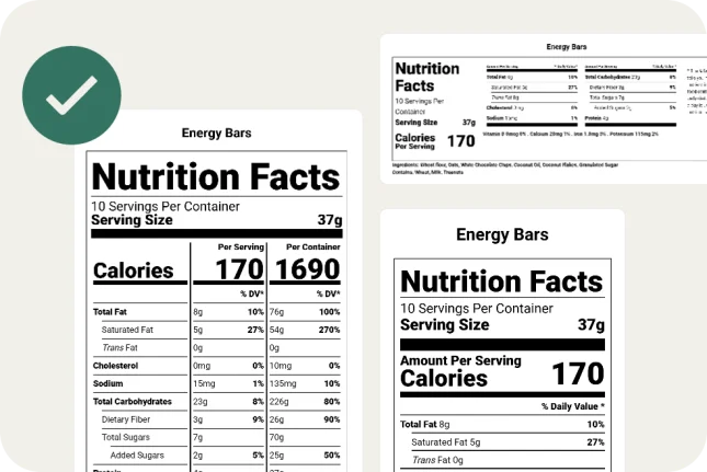 Three nutrition facts labels in different formats and a green tick to the left of them.