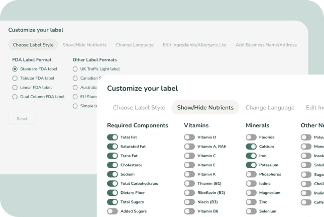 Two panels with toggle buttons for different customization options you can choose from in the recipe tool.