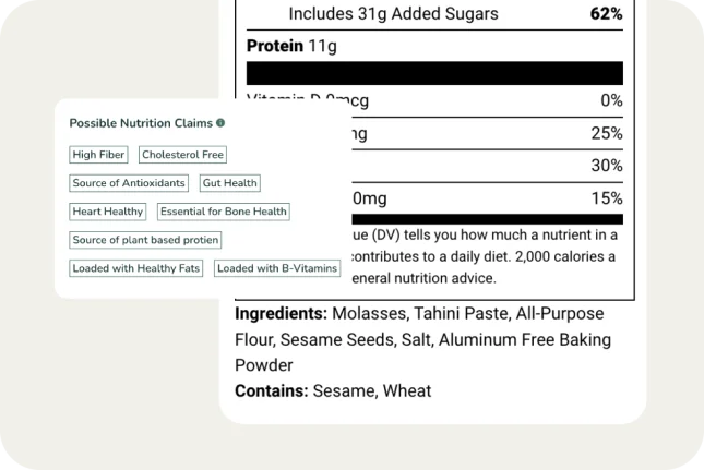 A panel of Nutrition Claim options overlapping the bottom of a nutrition facts label.