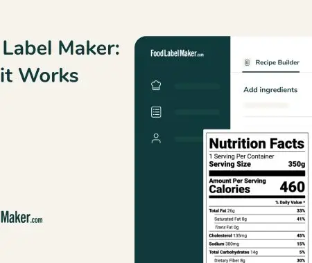 Food Label Maker how it works: Recipe Builder interface alongside generated FDA Nutrition Facts panel (460 calories)