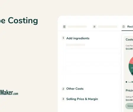 Food Label Maker recipe costing feature with cost-per-batch breakdown, pie chart, and gross profit margin