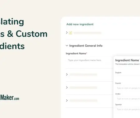 FoodLabelMaker ingredient name translation panel with English, French, Arabic, and Spanish fields