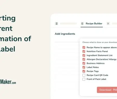 Food Label Maker export panel for selecting label components: Nutrition Facts, ingredient list, allergen declaration