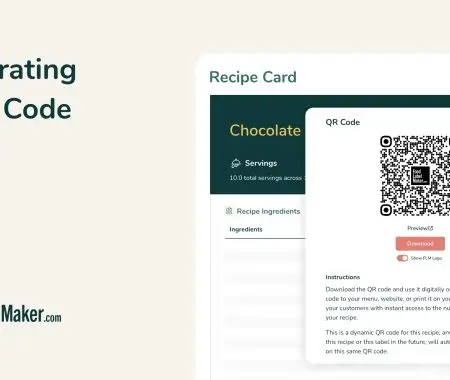 Food Label Maker QR code generator for recipe card, showing downloadable dynamic QR code with FLM logo option