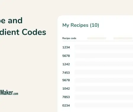 Food Label Maker recipe management list showing recipe codes assigned to 10 recipes for inventory tracking