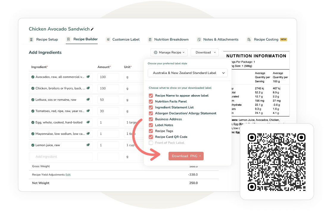 Recipe builder interface for Chicken Avocado Sandwich with ingredient list, customizable label download options, and preview of nutrition facts panel with QR code showing 660 calories per 250g serving