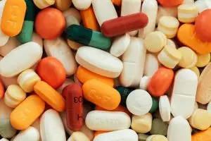 Assorted pills with top view