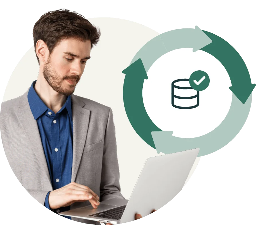 Business man using laptop with a circular workflow diagram showing successful data integration.