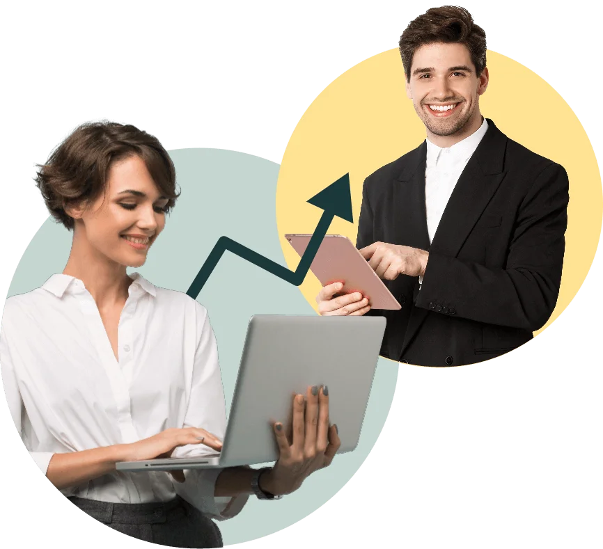 Woman and man smiling, representing business partners working together on technology to achieve mutual growth, symbolized by the upward arrow.