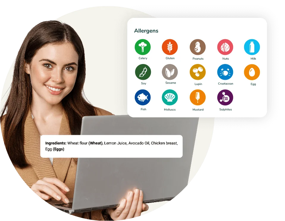 A woman holding a laptop reviewing automated allergen and ingredient identification on the Food Label Maker platform.