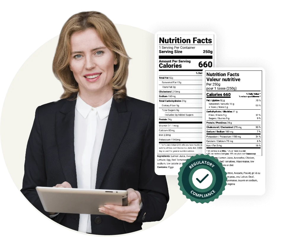 Woman in business attire holding a tablet, featuring a "Regulatory Compliance" badge.