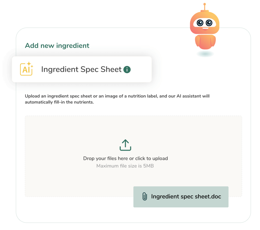 AI assistant interface for uploading ingredient spec sheets that automatically populates nutrition data.