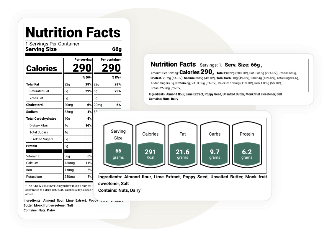 Multiple FDA regulatory-compliant label formats, including a dual-column and horizontal nutrition panels.