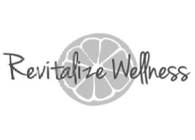 Revitalize Wellness brand logo in gray with citrus slice icon