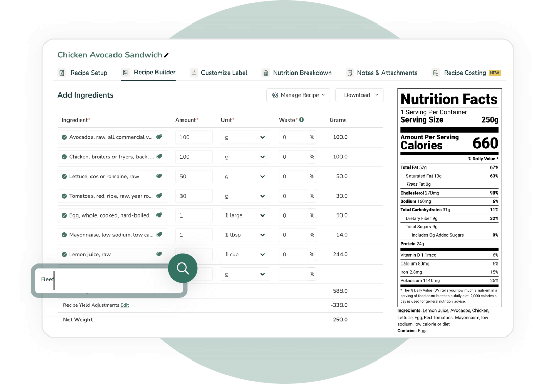 A digital recipe builder highlighting a search bar for ingredients like beef and an automated nutrition facts panel.