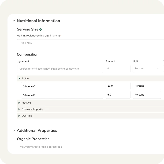 A supplement facts generator feature for adding nutritional information and composition percentages for Vitamin C and Vitamin K.