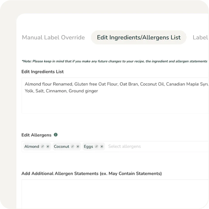 A manual label override screen featuring editable fields for ingredient lists and specific allergen tag selections.