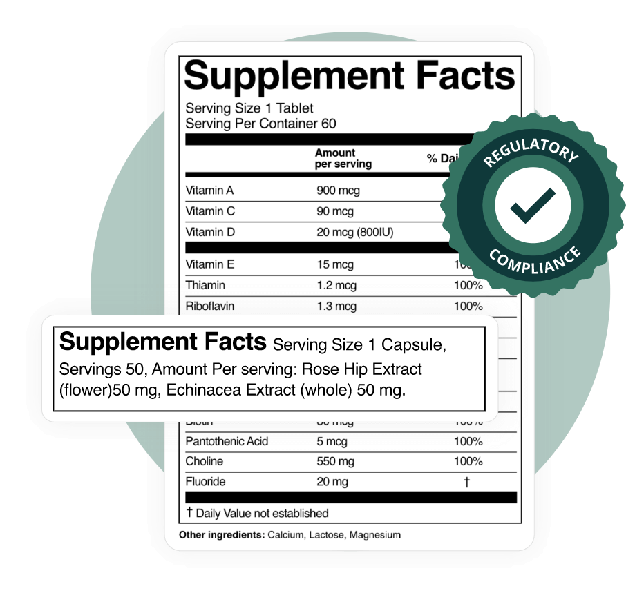 Example of an FDA-compliant supplement facts label with a regulatory compliance tick icon.