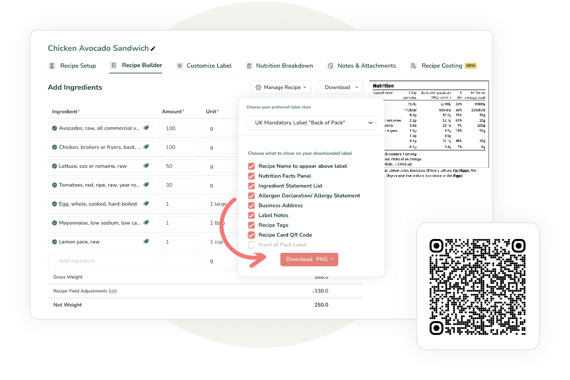 Recipe builder interface for Chicken Avocado Sandwich with customizable UK back-of-pack label download options and preview showing nutrition table with QR code