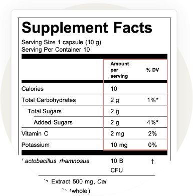 FDA-compliant Supplement Facts panel showing serving size, macronutrients, vitamins, minerals, probiotic CFU count, and botanical ingredients for a capsule dietary supplement