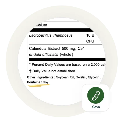 Close-up of a Supplement Facts label highlighting the allergen declaration section with a "Contains: Soy" statement and a soy allergen icon
