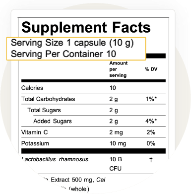Supplement Facts panel with the serving size information — "1 capsule (10 g), 10 servings per container" — highlighted to indicate FDA serving size declaration requirements