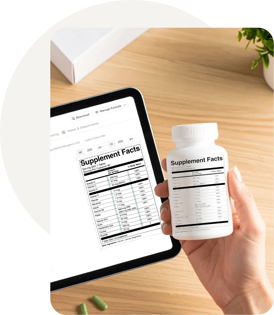 Food Label Maker software displaying a Supplement Facts panel on a tablet screen alongside a printed Supplement Facts label on a vitamin bottle