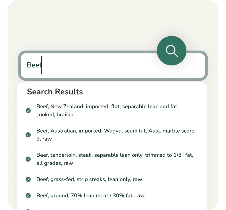 A search function displaying various results for a beef ingredient from a verified FDA ingredient database.