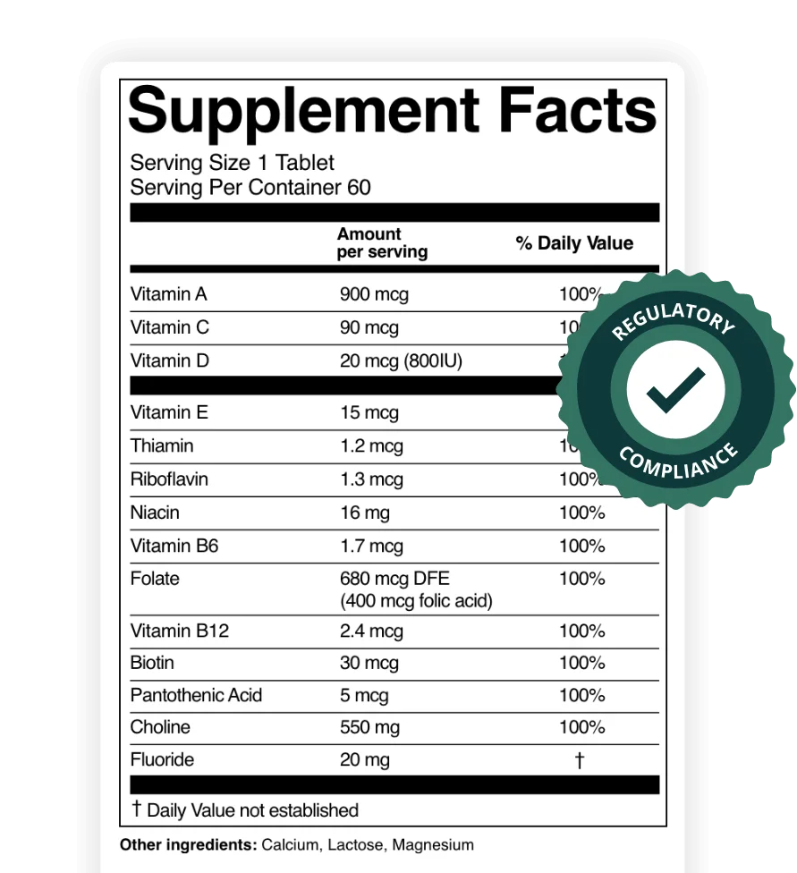 FDA-compliant Supplement Facts panel for a multivitamin tablet listing 14 nutrients with amounts per serving and percent daily values, overlaid with a regulatory compliance badge