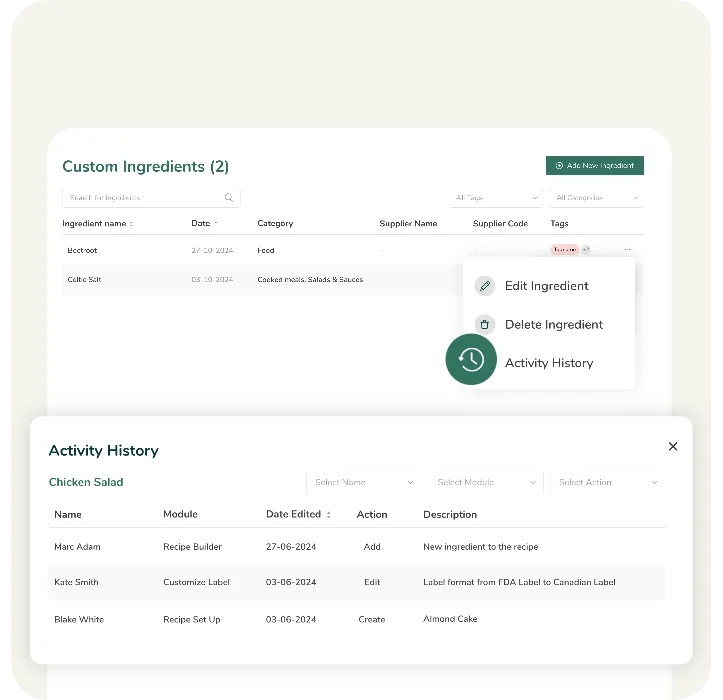 A feature for tracking ingredient activity history and a detailed record of edits, user actions, and dates for FDA compliance.